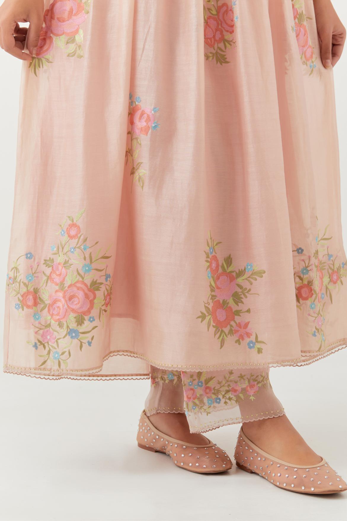 Pink silk chanderi Kurta dress set with all-over assorted thread embroidery floral bunches.