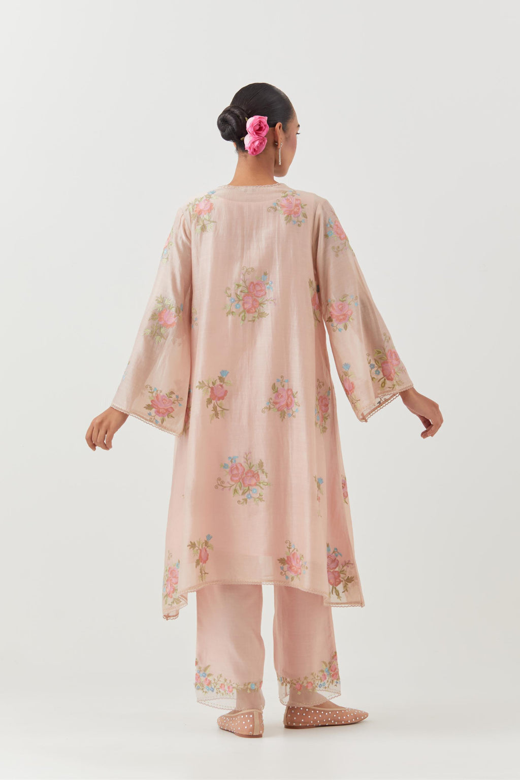 Pink silk chanderi A-line short kurta set, with thread embroidery roses all over.