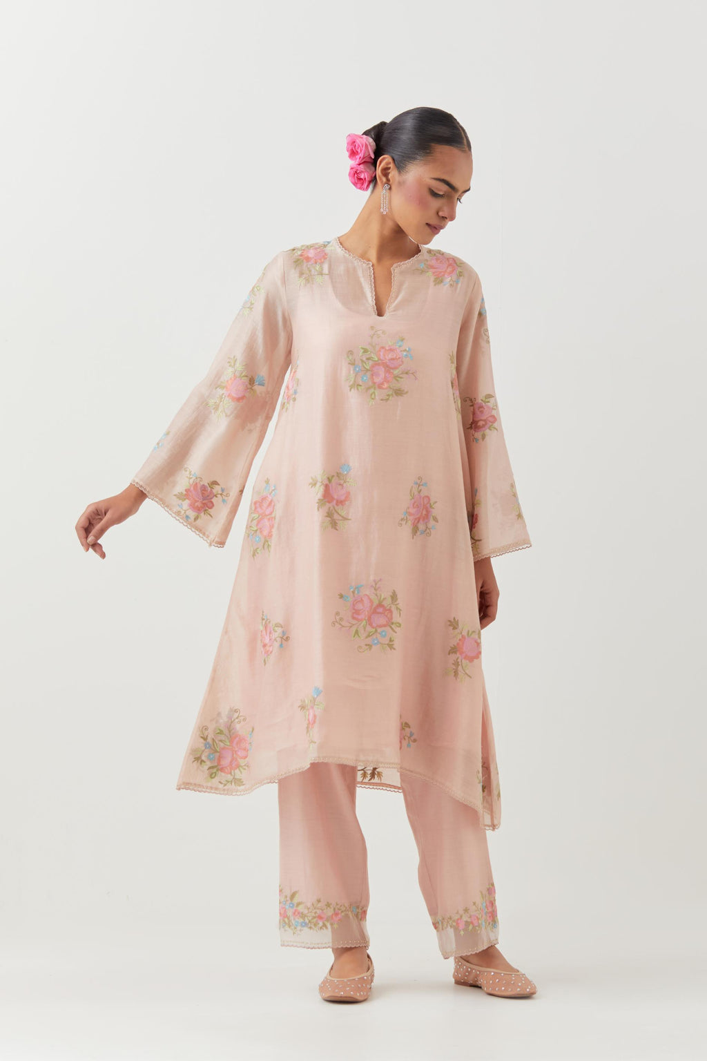 Pink silk chanderi A-line short kurta set, with thread embroidery roses all over.