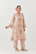 Pink silk chanderi A-line short kurta set, with thread embroidery roses all over.
