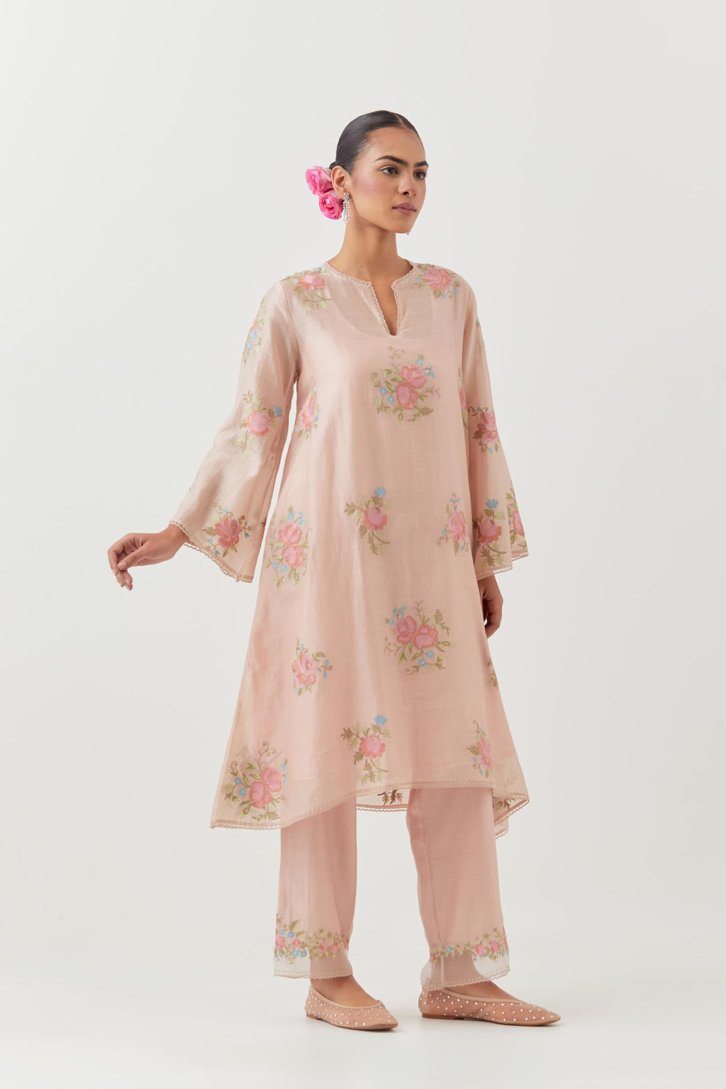 Pink silk chanderi A-line short kurta set, with thread embroidery roses all over.