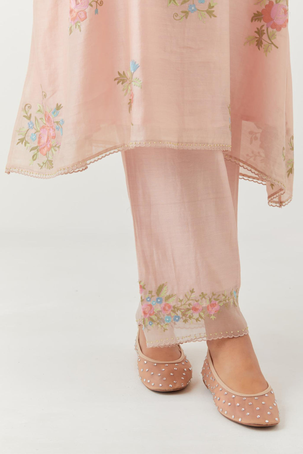 Pink silk chanderi A-line short kurta set, with thread embroidery roses all over.