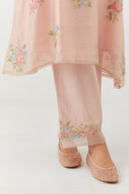 Pink silk chanderi A-line short kurta set, with thread embroidery roses all over.
