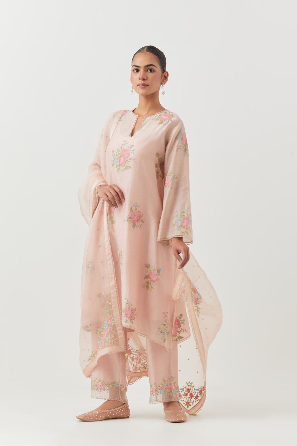 Pink silk chanderi A-line short kurta set, with thread embroidery roses all over.