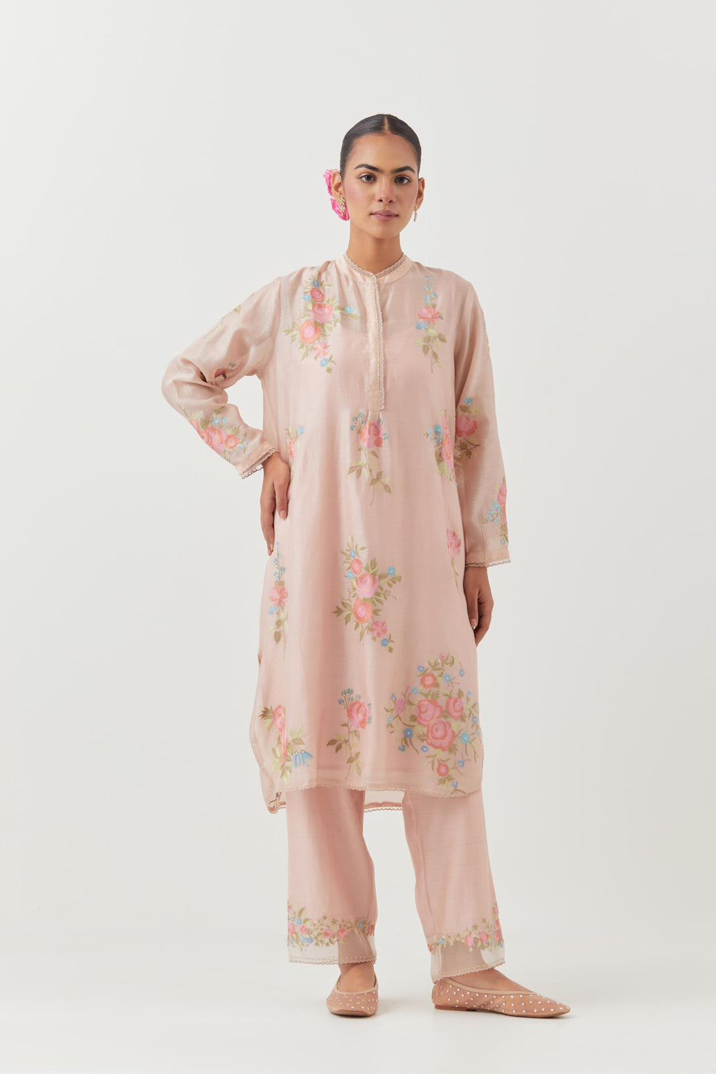 Pink silk chanderi short, shirt-kurta set with all-over embroidered thread roses.