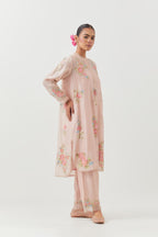 Pink silk chanderi short, shirt-kurta set with all-over embroidered thread roses.