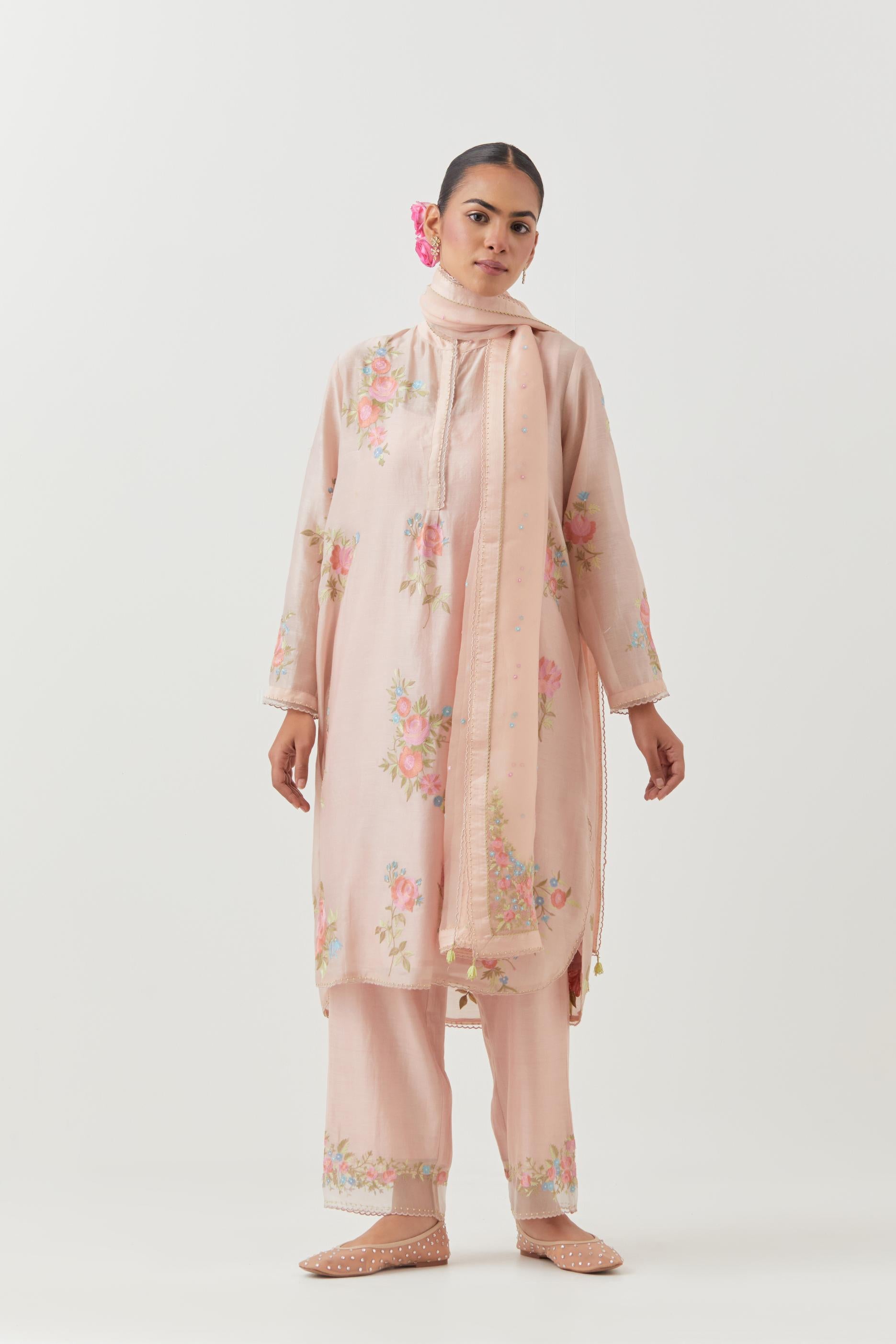 Pink silk chanderi short, shirt-kurta set with all-over embroidered thread roses.