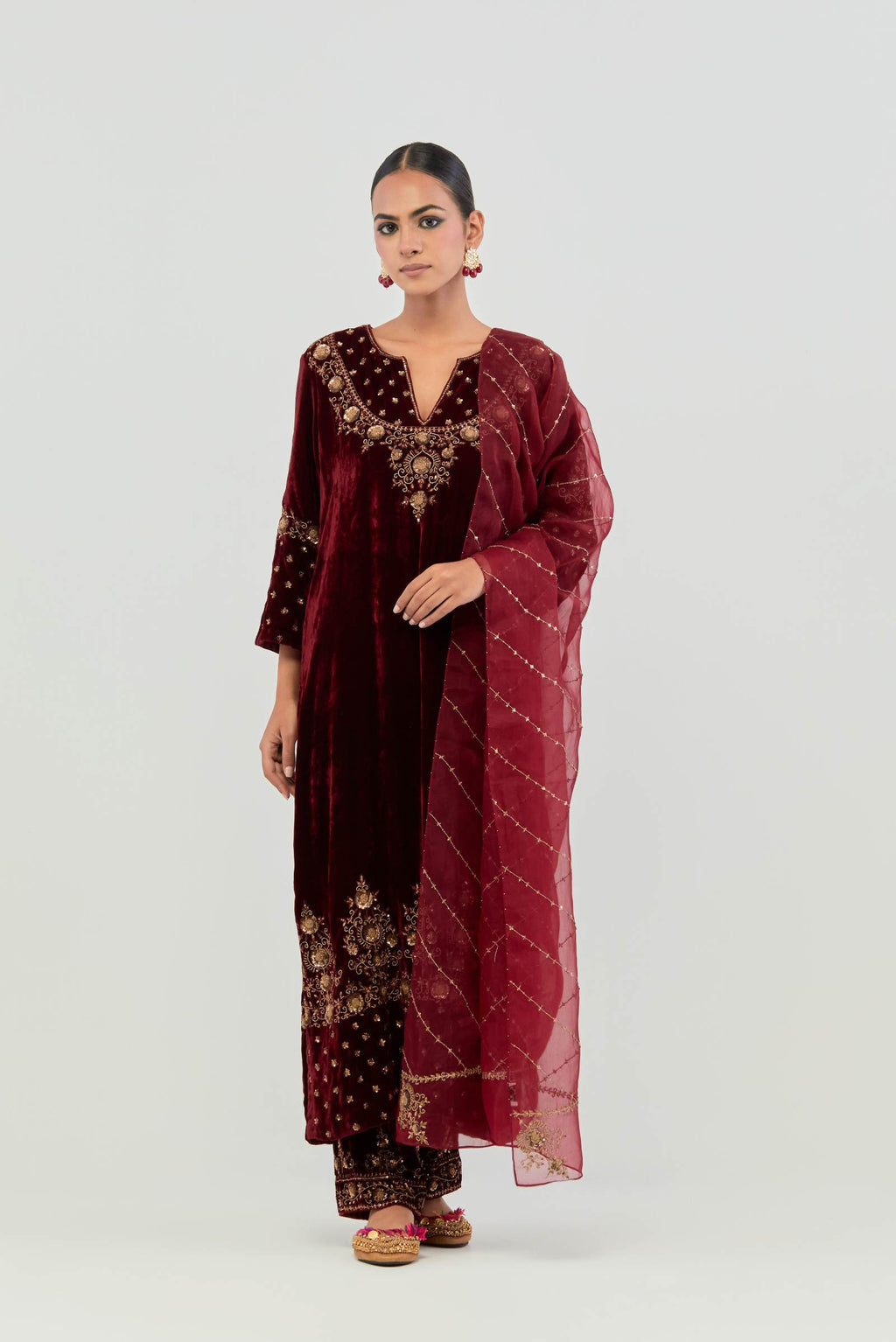 Deep maroon Silk organza dupatta with delicate bead, sequin and zari work.