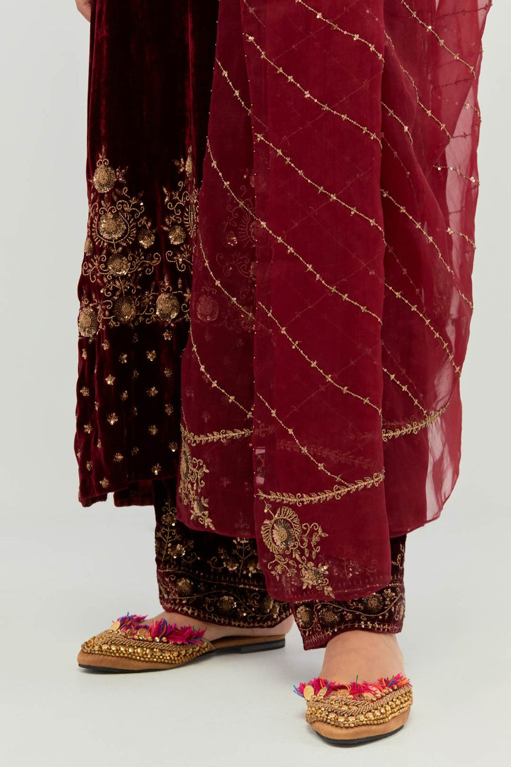 Deep maroon Silk organza dupatta with delicate bead, sequin and zari work.