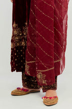 Deep maroon Silk organza dupatta with delicate bead, sequin and zari work.