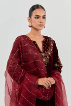 Deep maroon Silk organza dupatta with delicate bead, sequin and zari work.