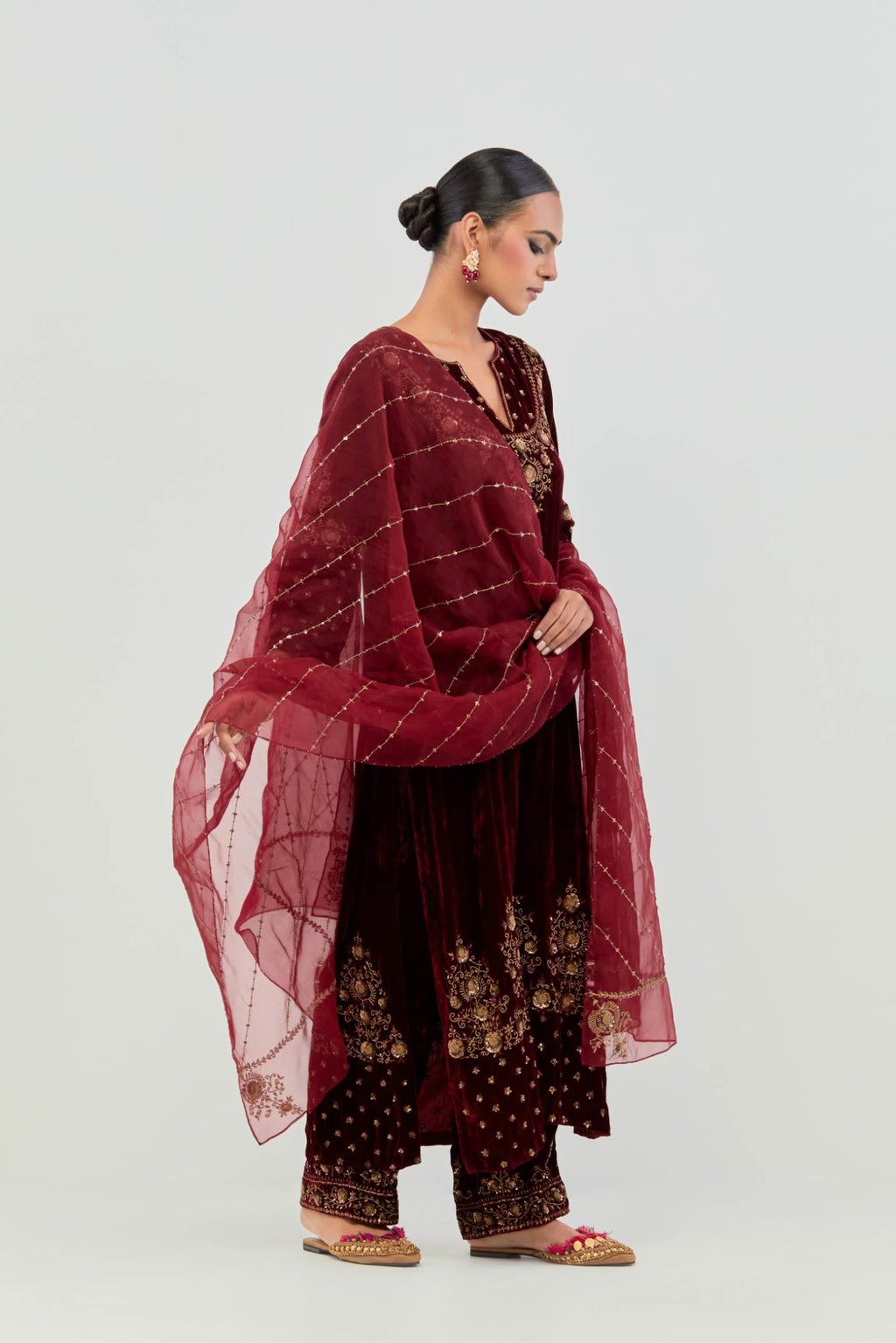 Deep maroon Silk organza dupatta with delicate bead, sequin and zari work.