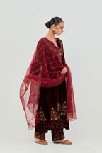 Deep maroon Silk organza dupatta with delicate bead, sequin and zari work.
