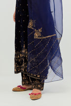 Navy straight Silk Velvet kurta set with all-over hand-embroidered bead, sequins and zari work.