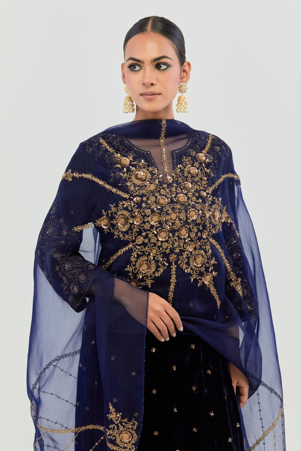 Navy Silk organza dupatta with delicate bead, sequin and zari work.