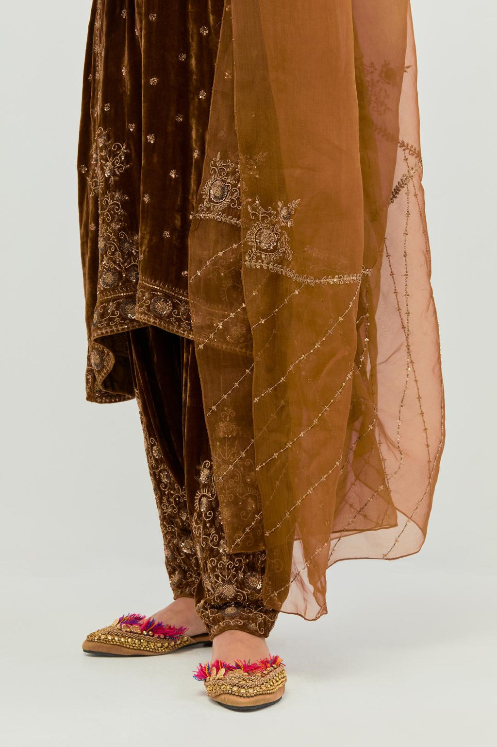 Russet Silk organza dupatta with delicate bead, sequin and zari work.