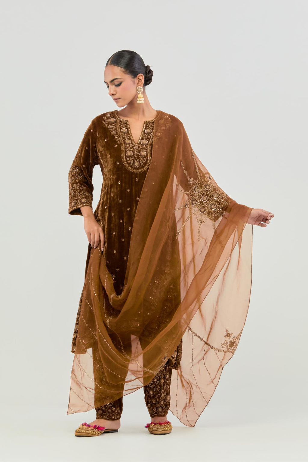 Russet Silk organza dupatta with delicate bead, sequin and zari work.