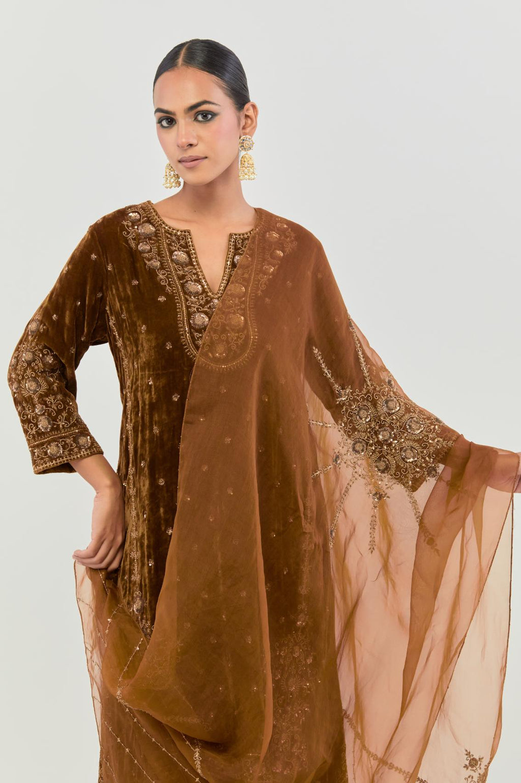 Russet Silk organza dupatta with delicate bead, sequin and zari work.