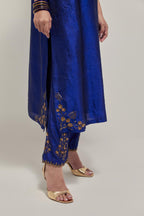Blue double toned silk straight Kurta set with hand embroidered zardozi and sequins, highlighted with beads.