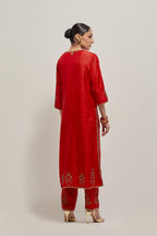 Red double toned silk straight Kurta set with hand embroidered zardozi and sequins, highlighted with beads.