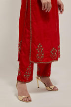 Red double toned silk straight Kurta set with hand embroidered zardozi and sequins, highlighted with beads.