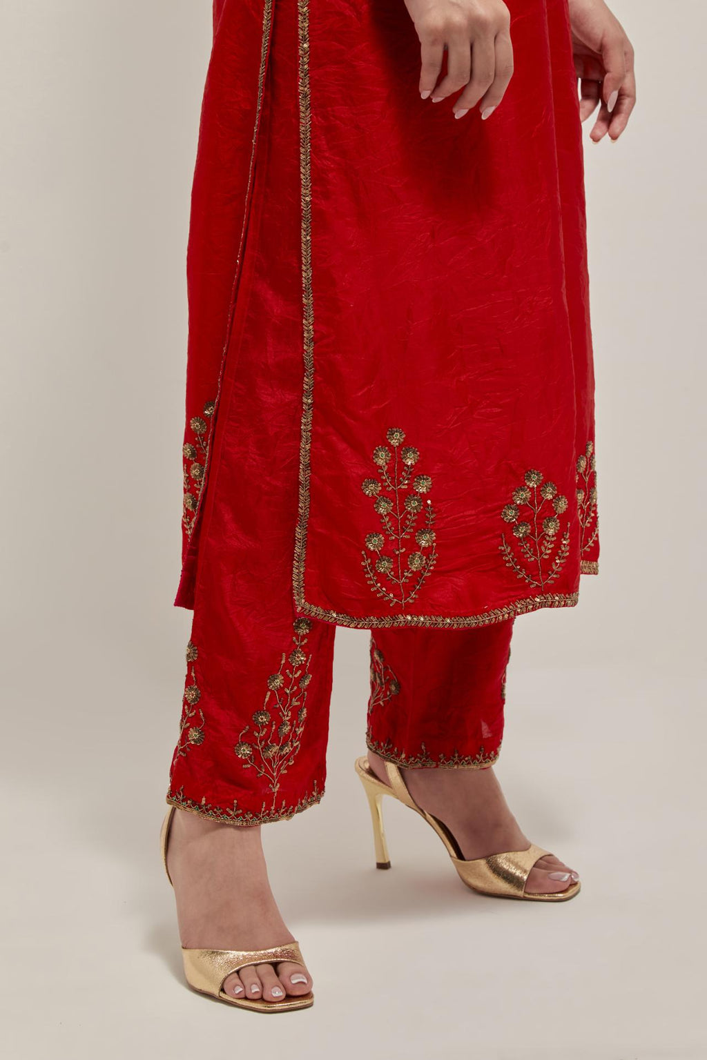 Red double toned silk straight Kurta set with hand embroidered zardozi and sequins, highlighted with beads.