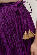 Purple Silk 40 kali lehenga edged with dull gold gota embroidery and contrast silk facings.