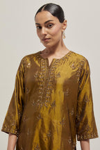 Olive double toned silk straight kurta set with all-over hand embroidered zardozi and sequins work, highlighted with beads.