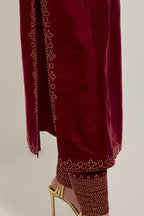 Red Silk kurta set with hand embroidered sequins on bandhani inspired jaal work at neck, hem and sleeves cuff, highlighted with contrast-colored beads.