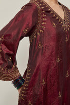 Maroon double toned silk easy fit short kurta set with hand embroidered zardozi and sequins, highlighted with beads.