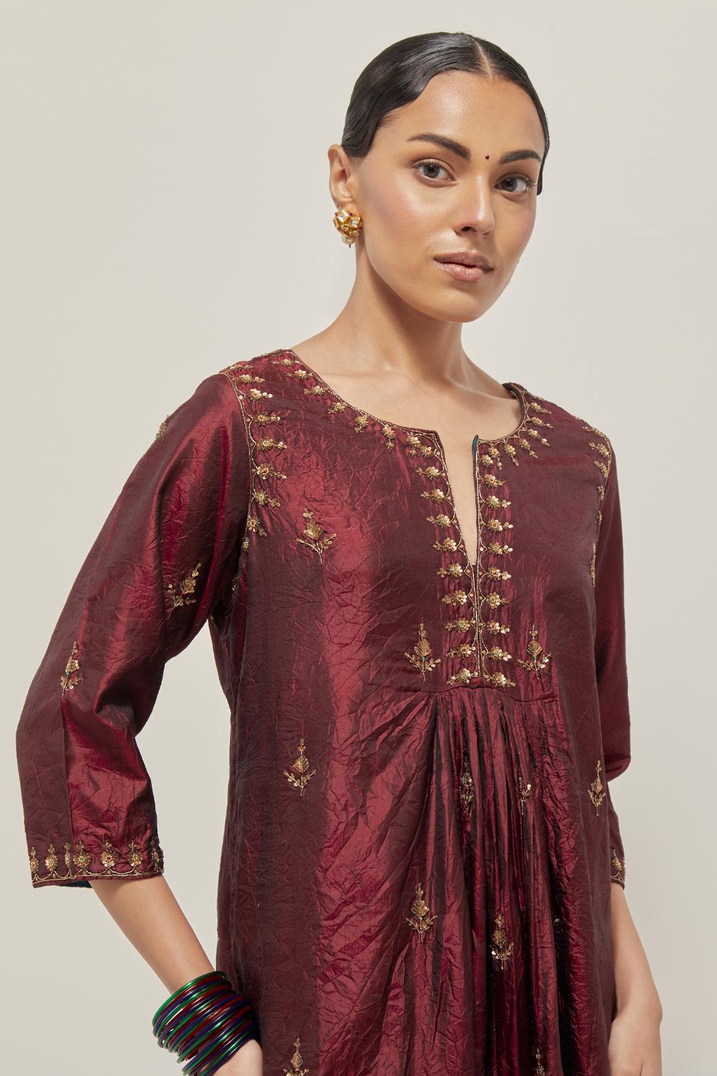 Marron double toned silk Kurta set dress with all-over hand embroidered zardozi and sequins, highlighted with beads.