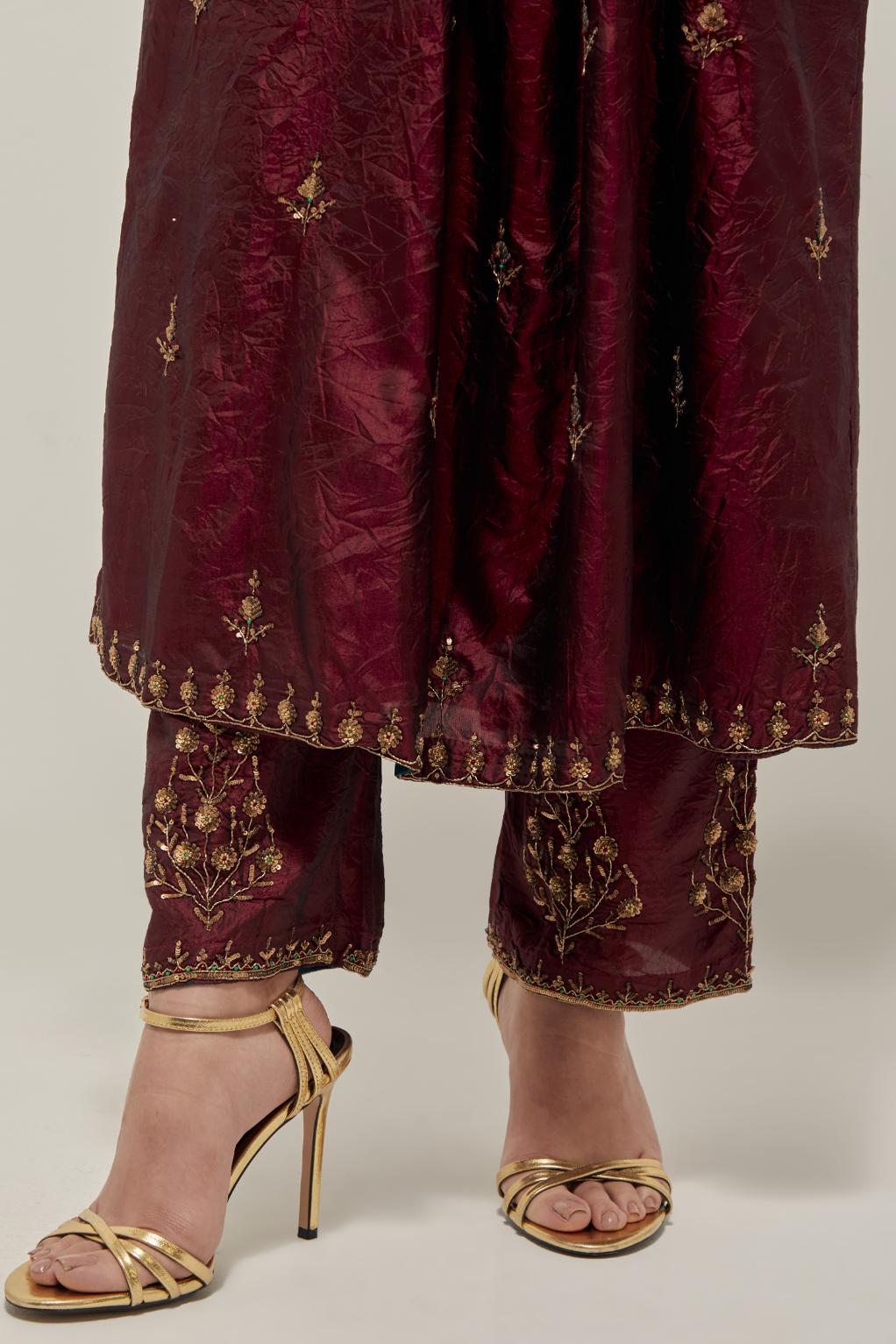 Marron double toned silk Kurta set dress with all-over hand embroidered zardozi and sequins, highlighted with beads.