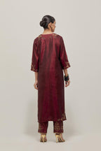 Maroon double toned silk straight Kurta set with hand embroidered zardozi and sequins, highlighted with beads.