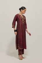 Maroon double toned silk straight Kurta set with hand embroidered zardozi and sequins, highlighted with beads.
