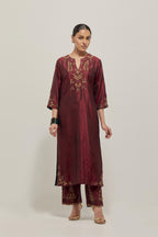 Maroon double toned silk straight Kurta set with hand embroidered zardozi and sequins, highlighted with beads.