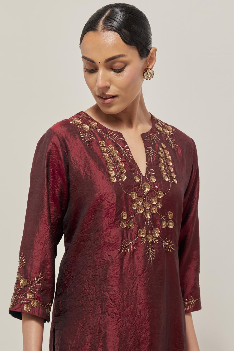 Maroon double toned silk straight Kurta set with hand embroidered zardozi and sequins, highlighted with beads.