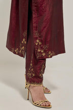 Maroon double toned silk straight Kurta set with hand embroidered zardozi and sequins, highlighted with beads.