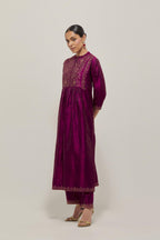 Wine Silk kurta dress set  with hand embroidered sequins on bandhani inspired jaal work at neck, hem and sleeves cuff, highlighted with contrast-colored beads.
