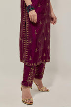 Wine double toned silk straight kurta with all-over hand embroidered zardozi and sequins work, highlighted with beads.