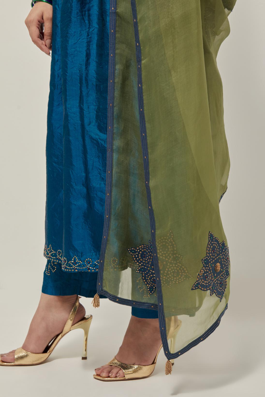 Green silk organza dupatta with all-over applique bandhani-inspired motifs, highlighted with contrast bead work.