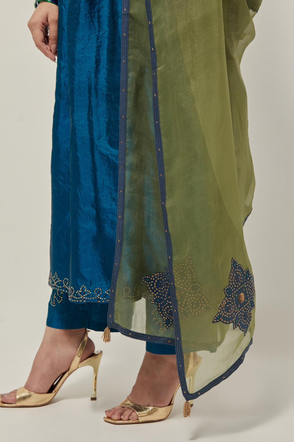 Green silk organza dupatta with all-over applique bandhani-inspired motifs, highlighted with contrast bead work.