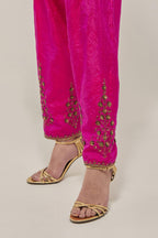 Fuchsia Silk salwar, highlighted with hand embroidered bead, sequins and zardozi boota at hem, highlighted with contrast bead work.