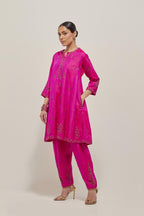 Fuchsia double toned silk short kalidar kurta set, with hand embroidered zardozi and sequins, highlighted with beads.