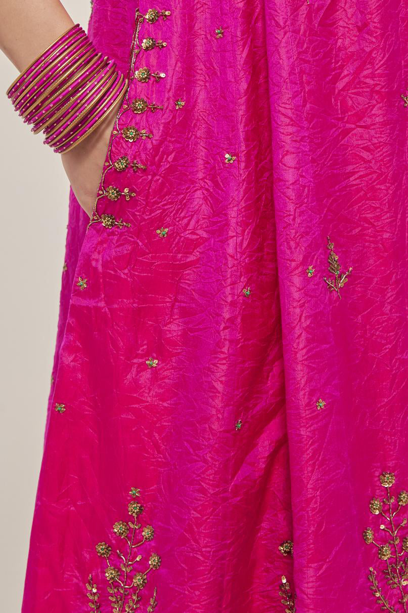 Fuchsia double toned silk short kalidar kurta set, with hand embroidered zardozi and sequins, highlighted with beads.