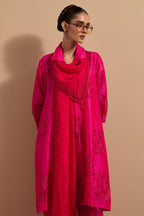 Fuchsia crushed silk A-line short kurta set with hand block print, highlighted with multi colored thread embroidery.