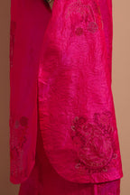 Fuchsia crushed silk short kurta set with hand block print, highlighted with multi colored thread embroidery.