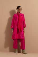 Fuchsia crushed silk short kurta set with hand block print, highlighted with multi colored thread embroidery.
