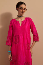 Fuchsia crushed silk hand block printed kurta set with pin tucks at yoke, highlighted with multi colored thread embroidery.