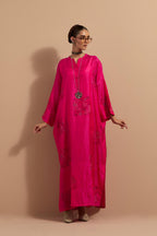Fuchsia crushed silk hand block printed long kaftan, highlighted with multi colored thread embroidery, paired with Red hand crushed block printed silk stole with quilted embroidery and beaded tassels.