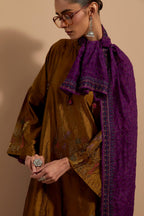 Olive hand crushed block printed silk stole with quilted embroidery and beaded tassels.